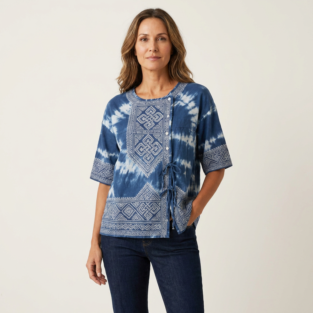 Lorana | Tie-Dye Geometric Print Drawstring Blouse