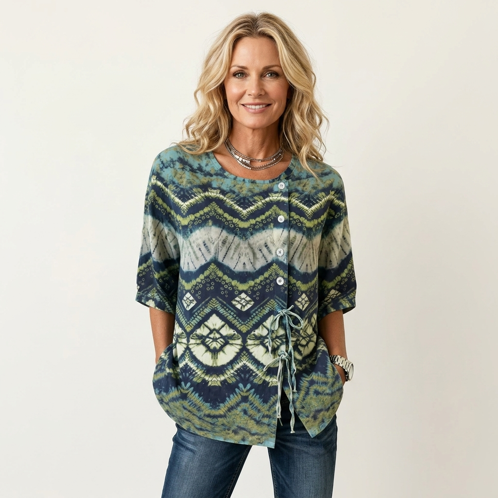 Lorana | Tie-Dye Geometric Print Drawstring Blouse