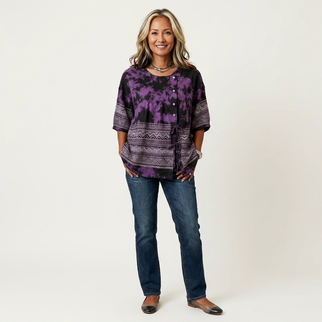 Lorana | Tie-Dye Geometric Print Drawstring Blouse