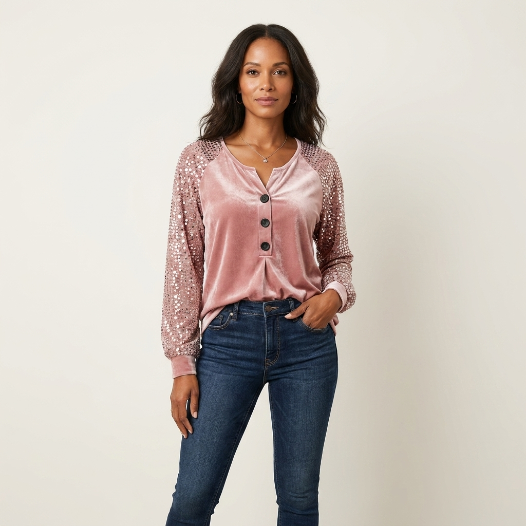Kehlana | Velvet Sequin-Sleeve Button Blouse