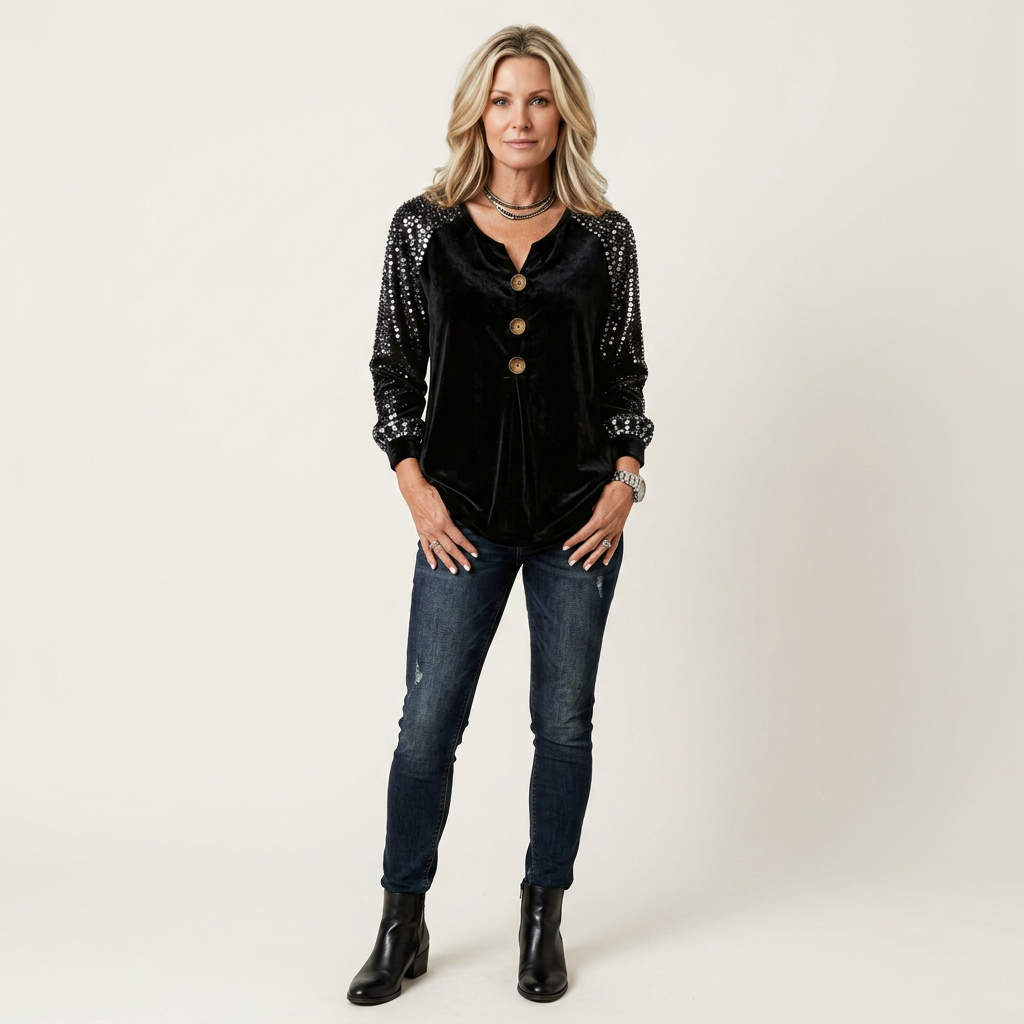 Kehlana | Velvet Sequin-Sleeve Button Blouse