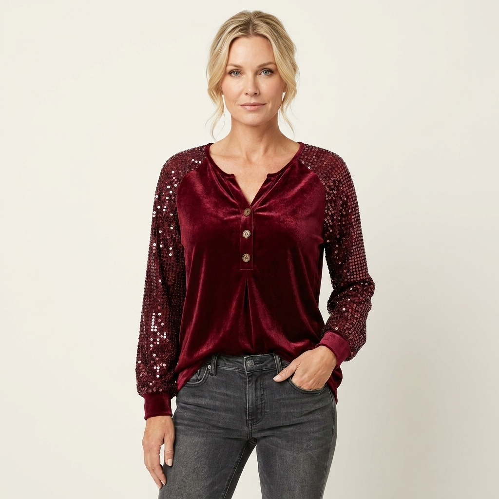 Kehlana | Velvet Sequin-Sleeve Button Blouse