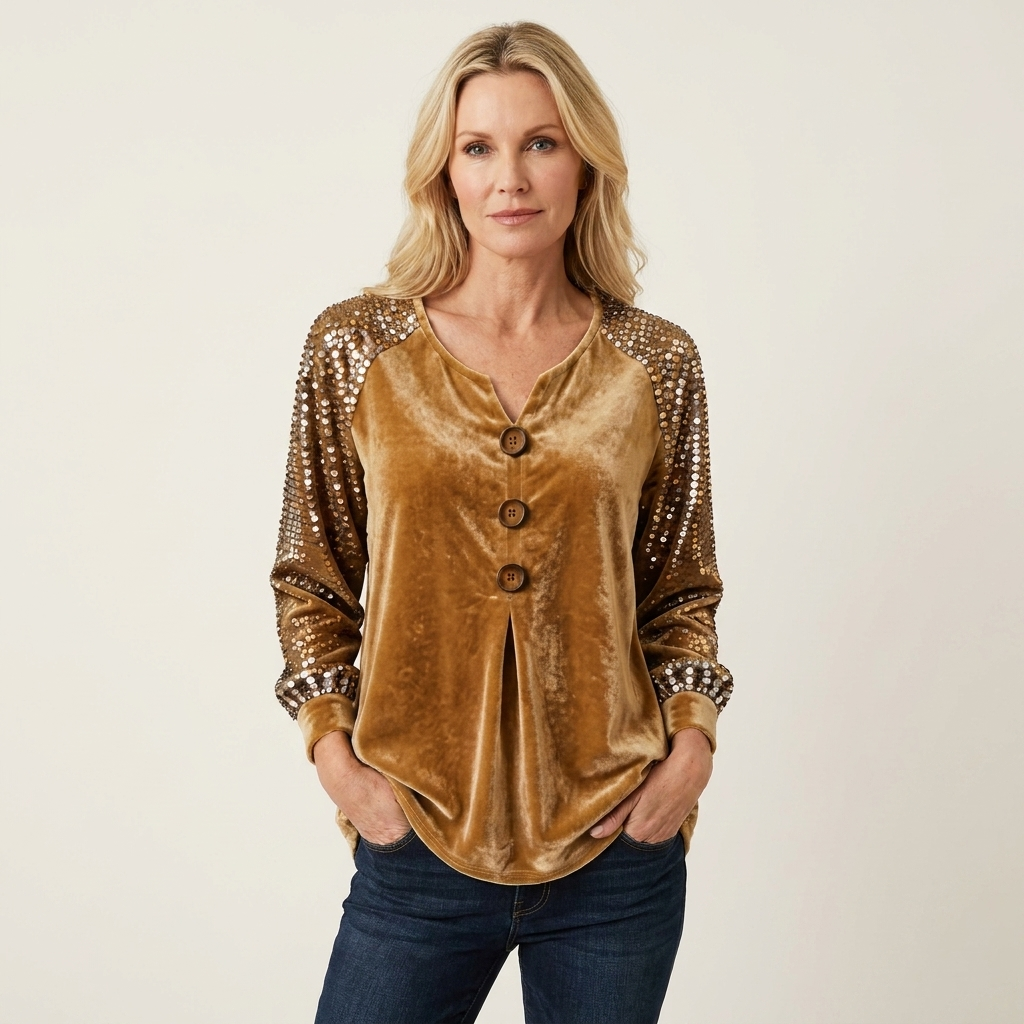 Kehlana | Velvet Sequin-Sleeve Button Blouse