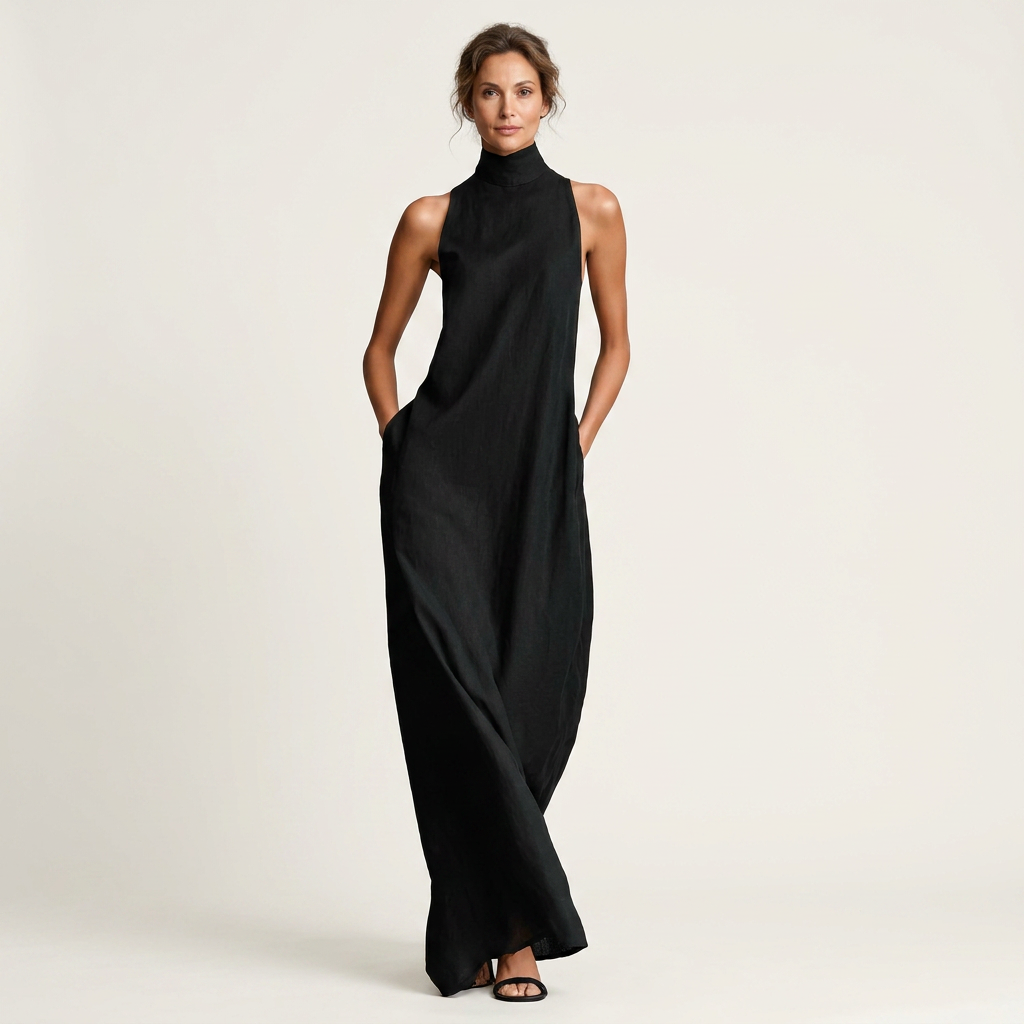 Cathrina | High-Neck Sleeveless Linen Blend Maxi Dress