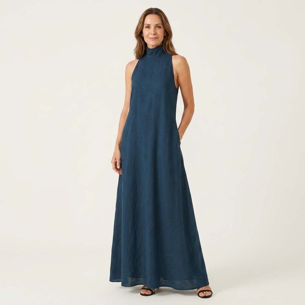 Cathrina | High-Neck Sleeveless Linen Blend Maxi Dress