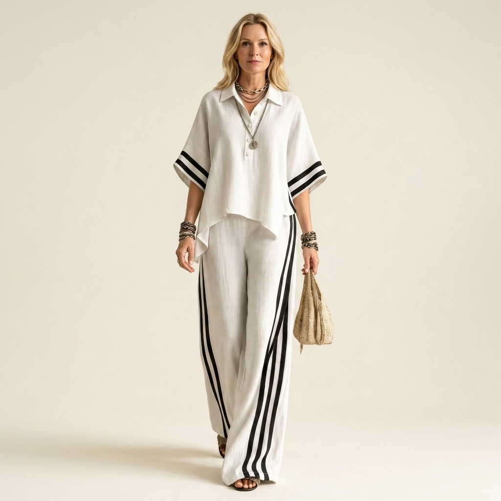 Juliane | Polo Collar Top & Side-Stripe Wide-Leg Set