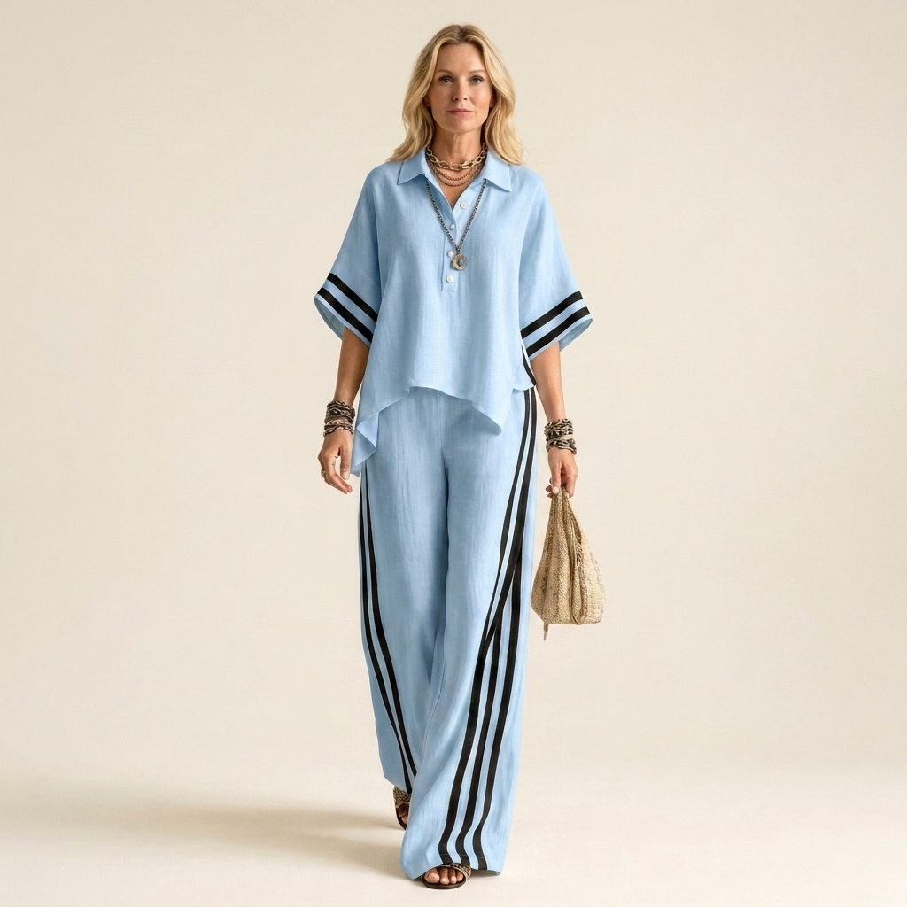 Juliane | Polo Collar Top & Side-Stripe Wide-Leg Set