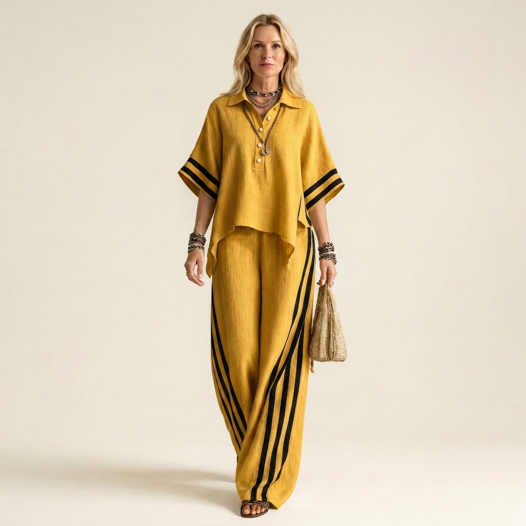 Juliane | Polo Collar Top & Side-Stripe Wide-Leg Set