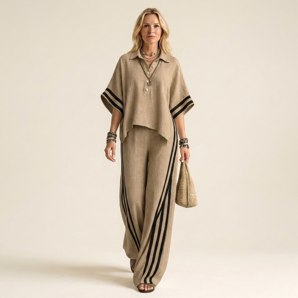 Juliane | Polo Collar Top & Side-Stripe Wide-Leg Set