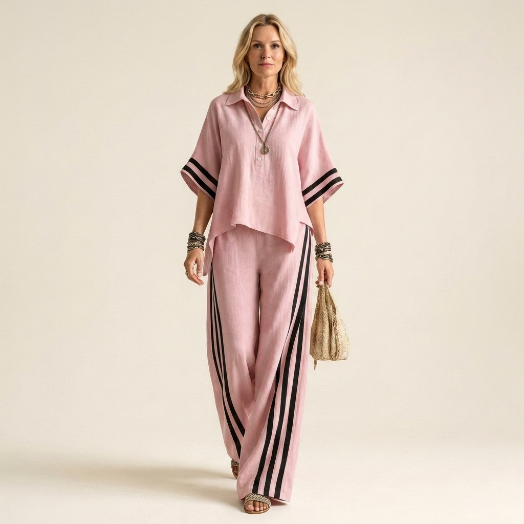 Juliane | Polo Collar Top & Side-Stripe Wide-Leg Set