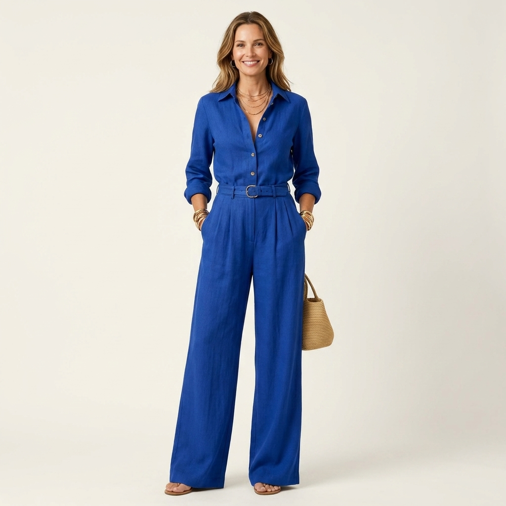 Nina | Belted Button-Down Lapel Jumpsuit