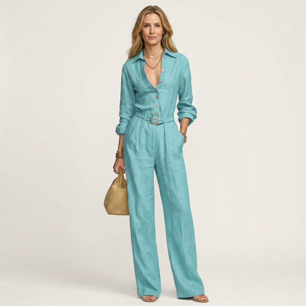 Nina | Belted Button-Down Lapel Jumpsuit