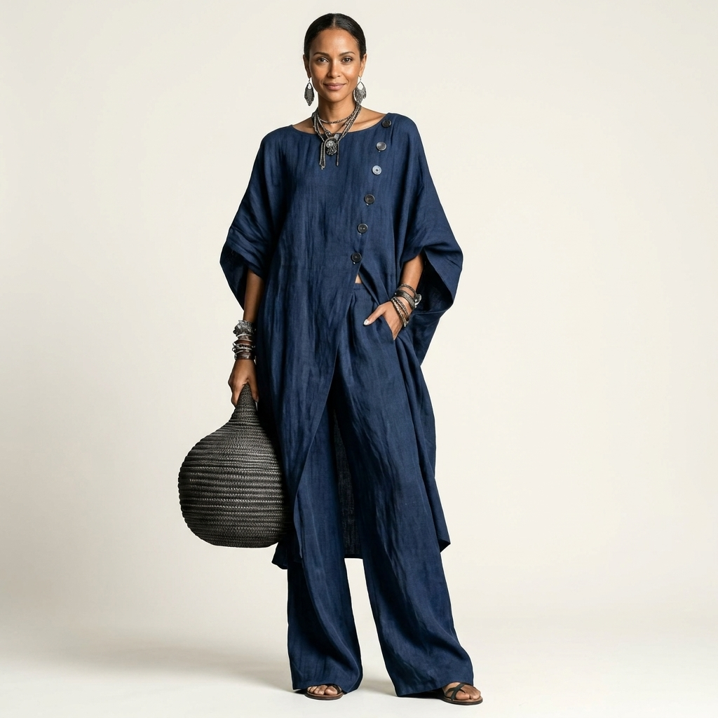 Meliza | Irregular Single-Breasted Slit Top & Wide-Leg Pants Set