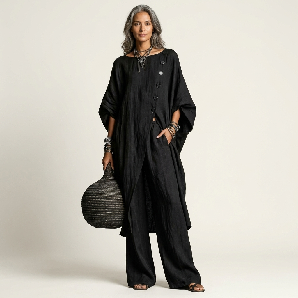 Meliza | Irregular Single-Breasted Slit Top & Wide-Leg Pants Set