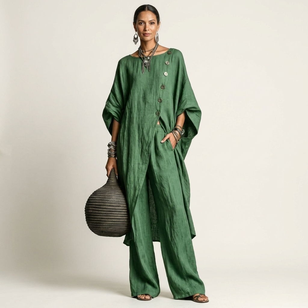 Meliza | Irregular Single-Breasted Slit Top & Wide-Leg Pants Set