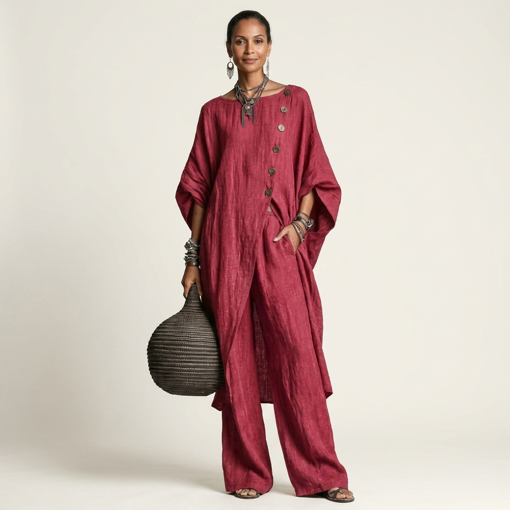Meliza | Irregular Single-Breasted Slit Top & Wide-Leg Pants Set