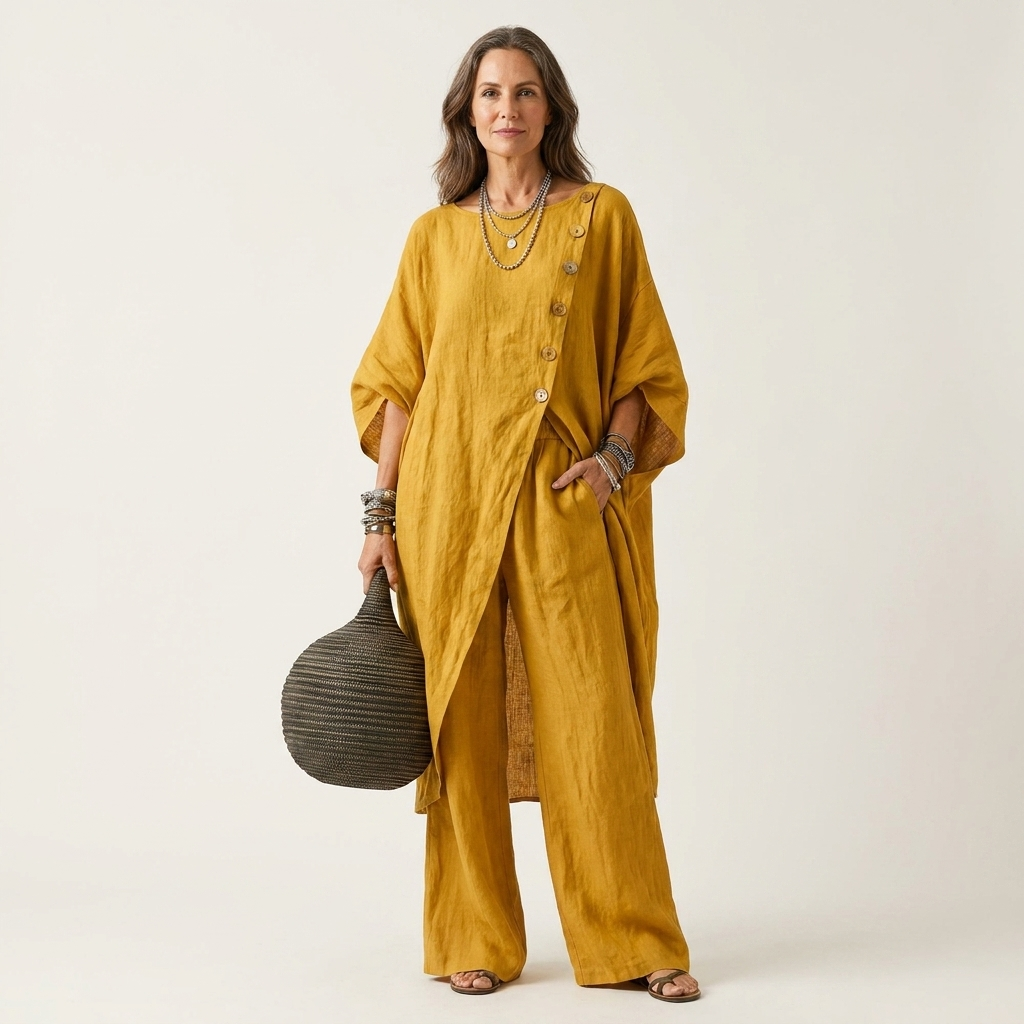 Meliza | Irregular Single-Breasted Slit Top & Wide-Leg Pants Set