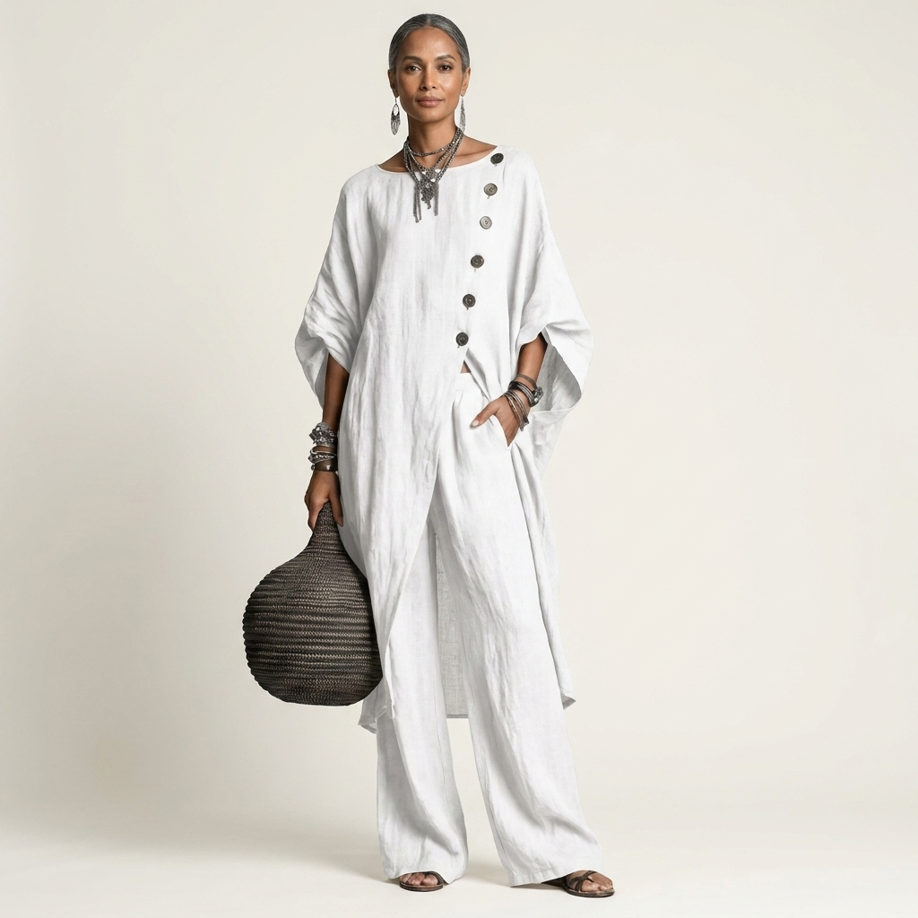 Meliza | Irregular Single-Breasted Slit Top & Wide-Leg Pants Set