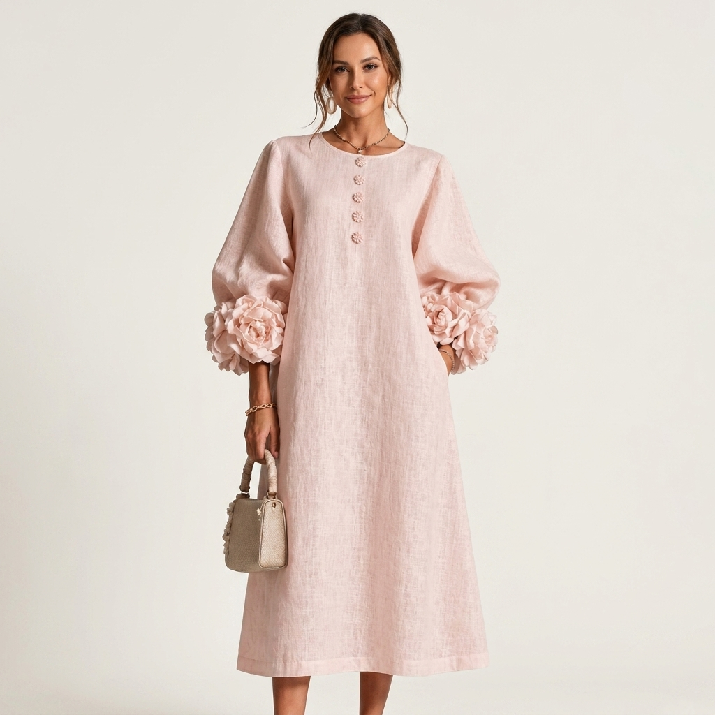 Stellanora | Rose-Knot Cuff Floral Button Midi Dress