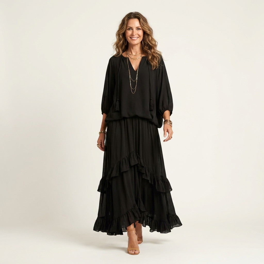 Meliona | Tassel Drawstring V-Neck Top & Ruffled Layered Skirt Set