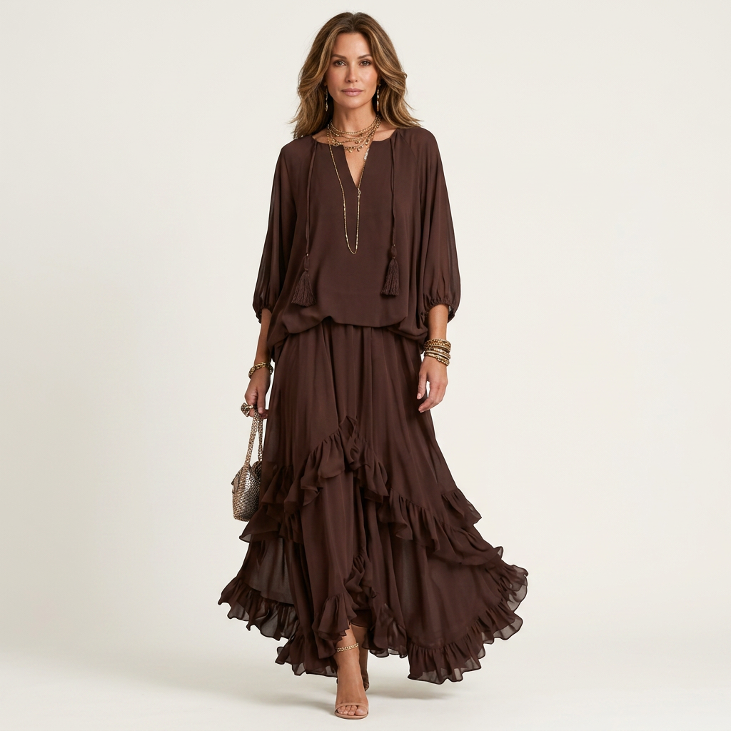 Meliona | Tassel Drawstring V-Neck Top & Ruffled Layered Skirt Set