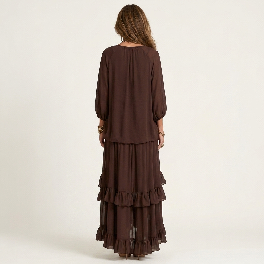 Meliona | Tassel Drawstring V-Neck Top & Ruffled Layered Skirt Set