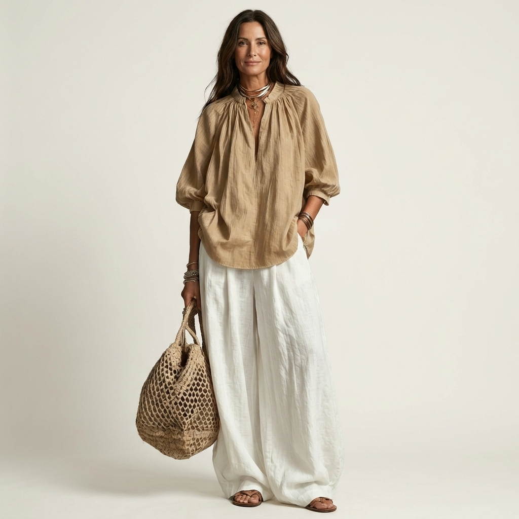 Zayra | Ruched Collar Blouse & Wide-Leg Lantern Pant Set
