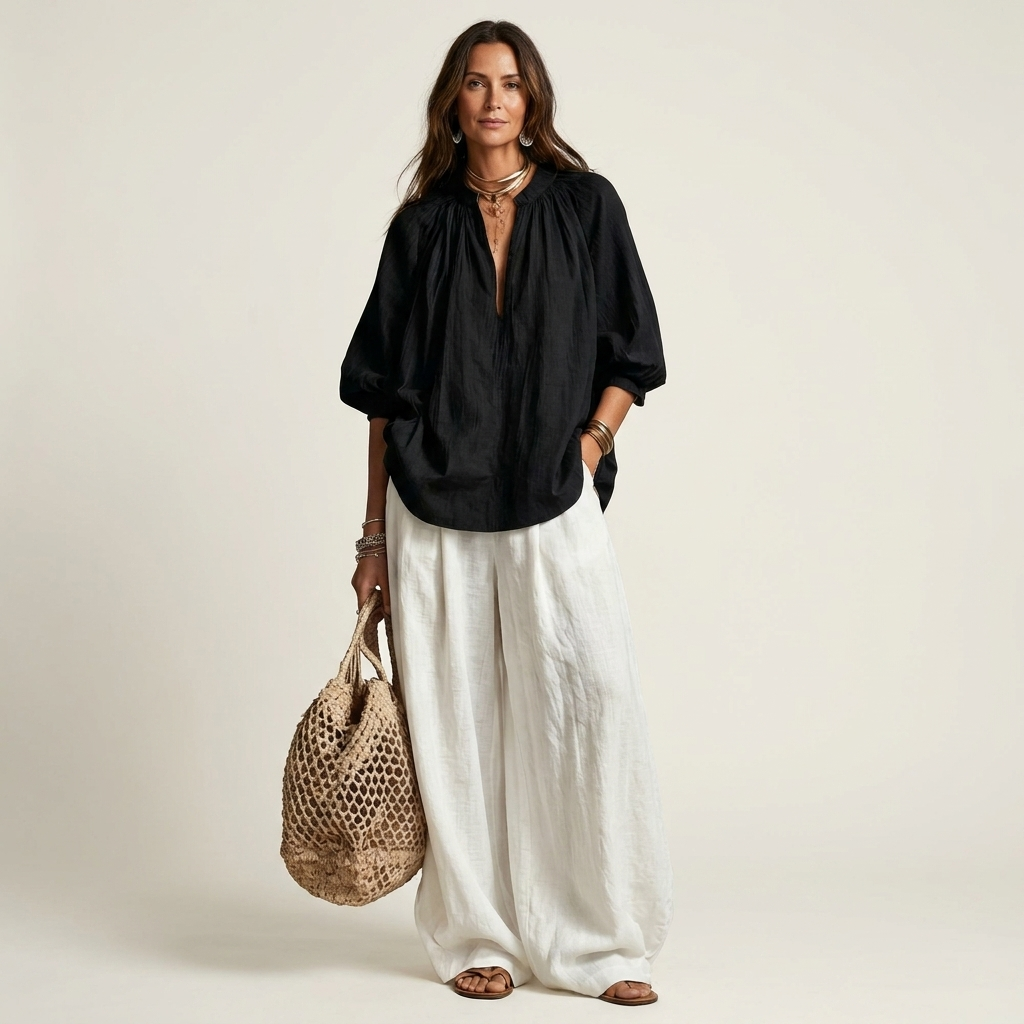Zayra | Ruched Collar Blouse & Wide-Leg Lantern Pant Set