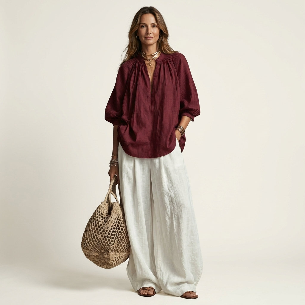 Zayra | Ruched Collar Blouse & Wide-Leg Lantern Pant Set