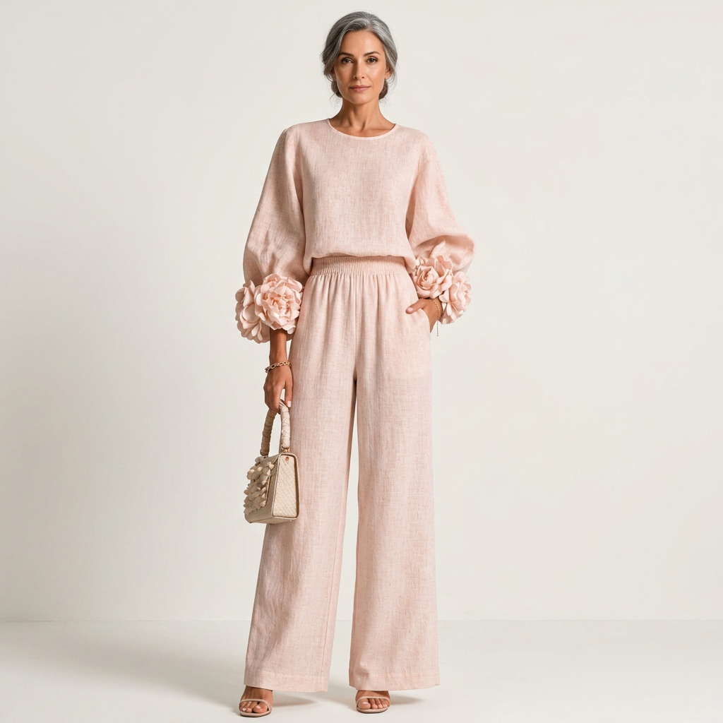 Rosaly | Floral Cuff Crew-Neck Top & Wide-Leg Pant Set