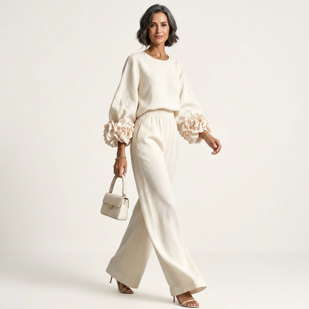 Rosaly | Floral Cuff Crew-Neck Top & Wide-Leg Pant Set
