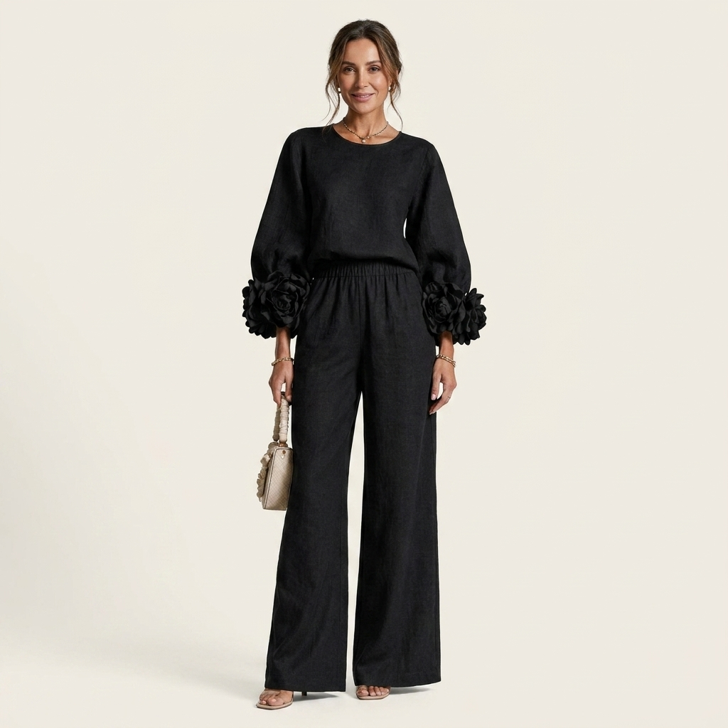 Rosaly | Floral Cuff Crew-Neck Top & Wide-Leg Pant Set