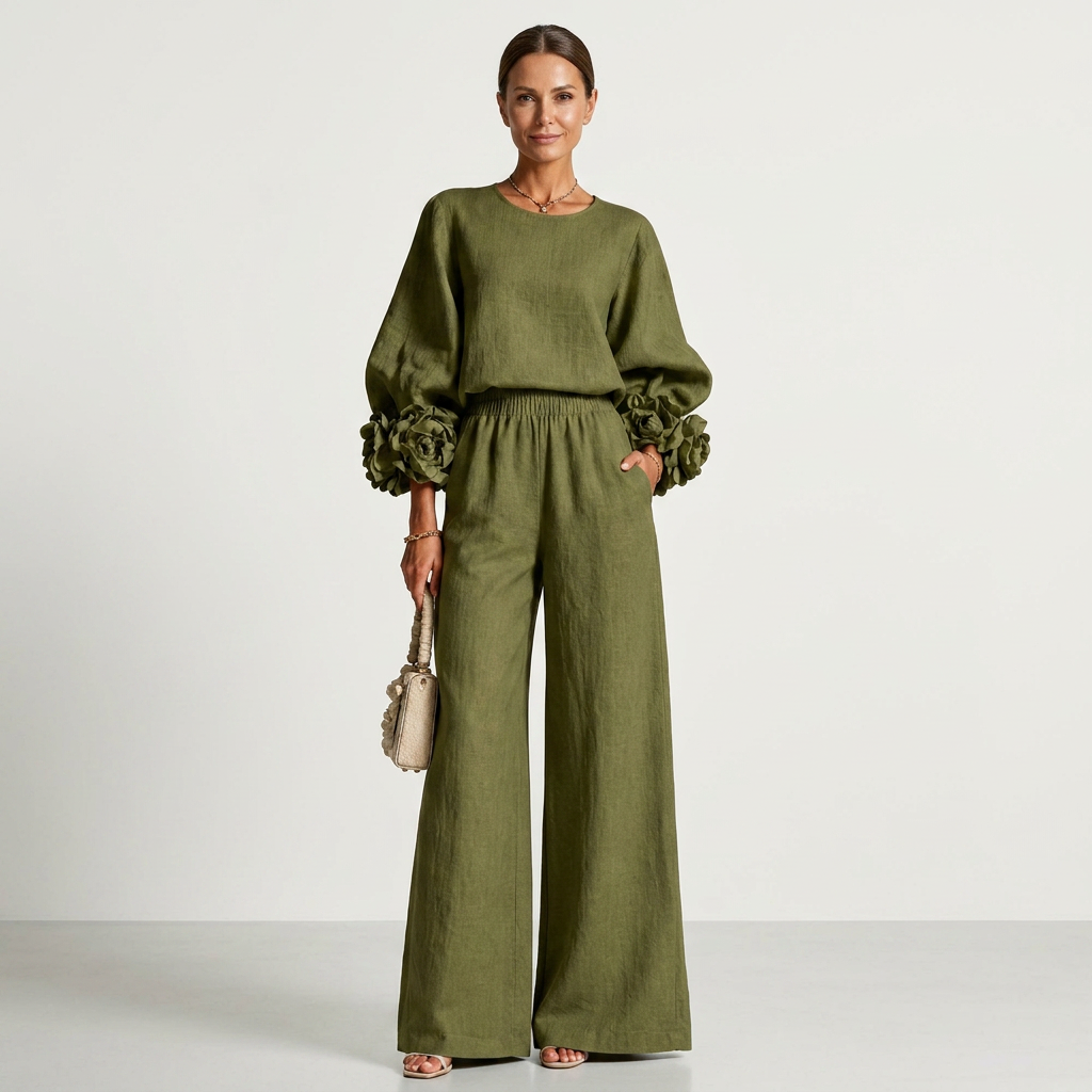 Rosaly | Floral Cuff Crew-Neck Top & Wide-Leg Pant Set