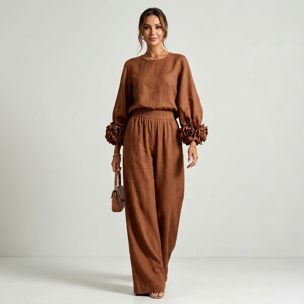Rosaly | Floral Cuff Crew-Neck Top & Wide-Leg Pant Set
