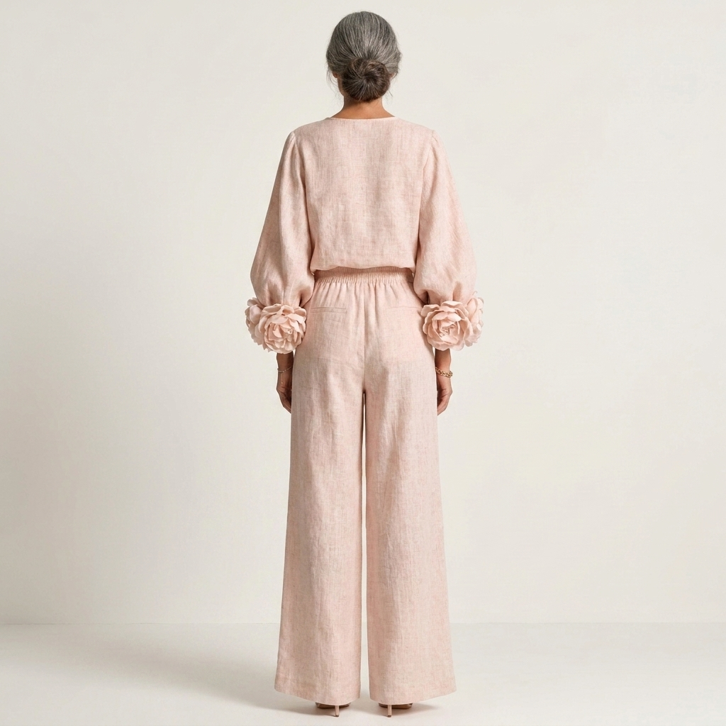 Rosaly | Floral Cuff Crew-Neck Top & Wide-Leg Pant Set