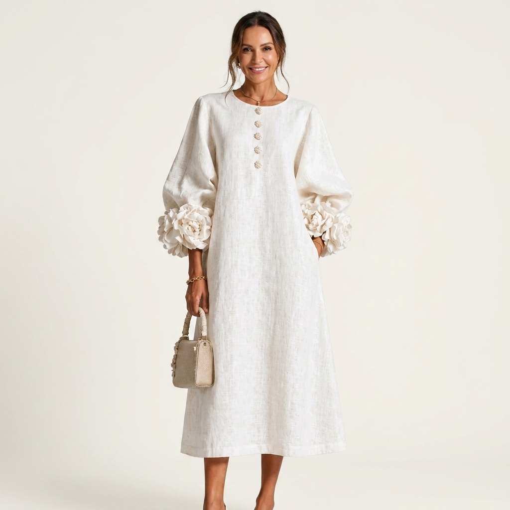 Stellanora | Rose-Knot Cuff Floral Button Midi Dress