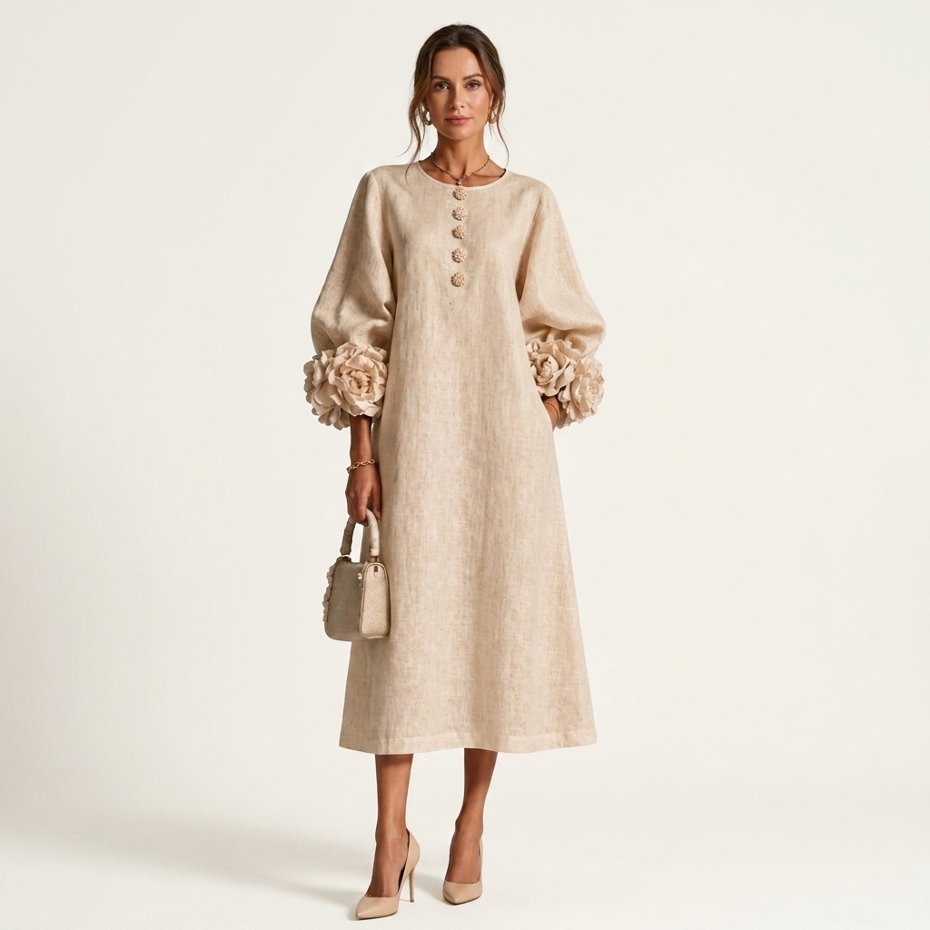 Stellanora | Rose-Knot Cuff Floral Button Midi Dress