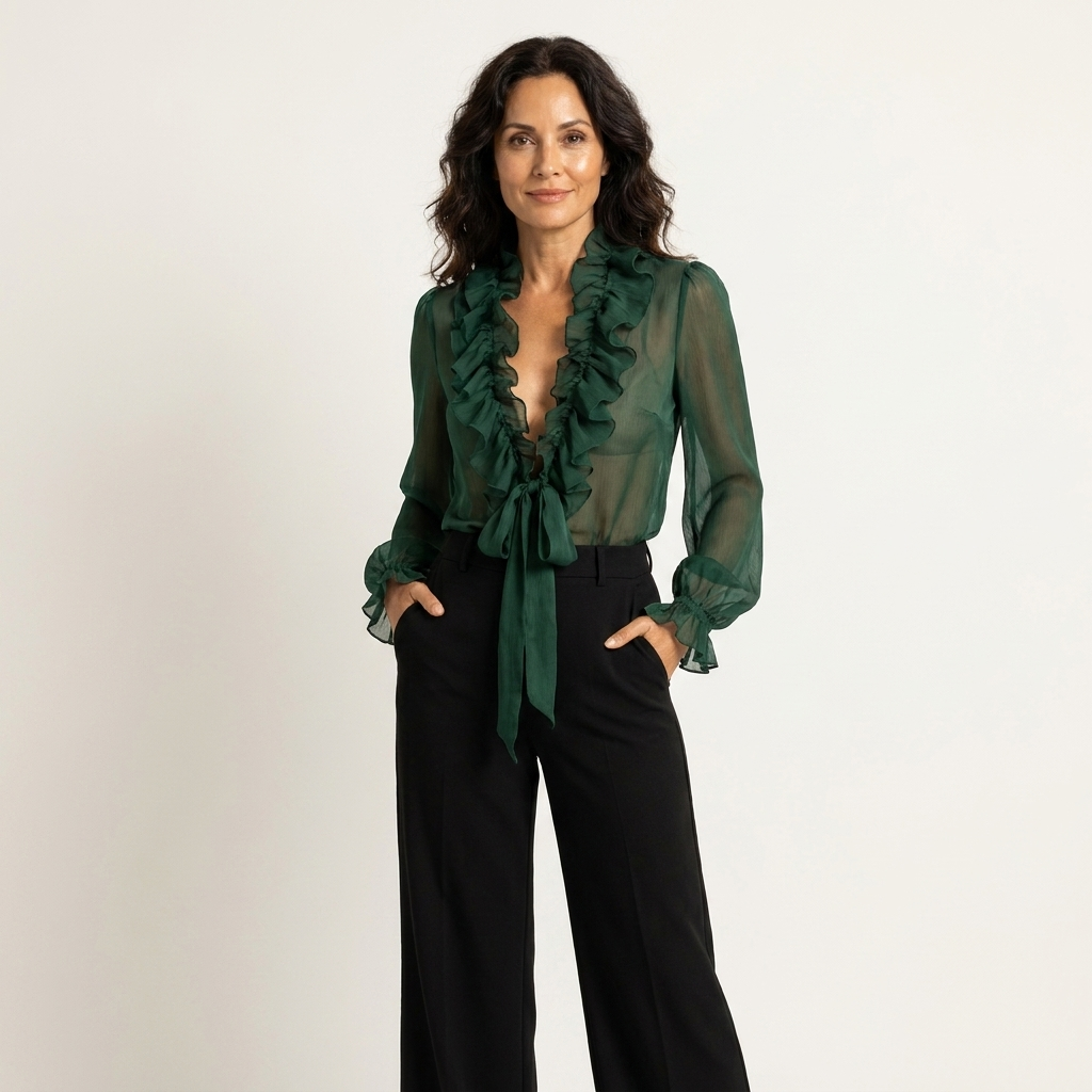Abelina | Deep V Ruffled Lace-Up Sheer Blouse