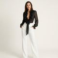 Abelina | Deep V Ruffled Lace-Up Sheer Blouse
