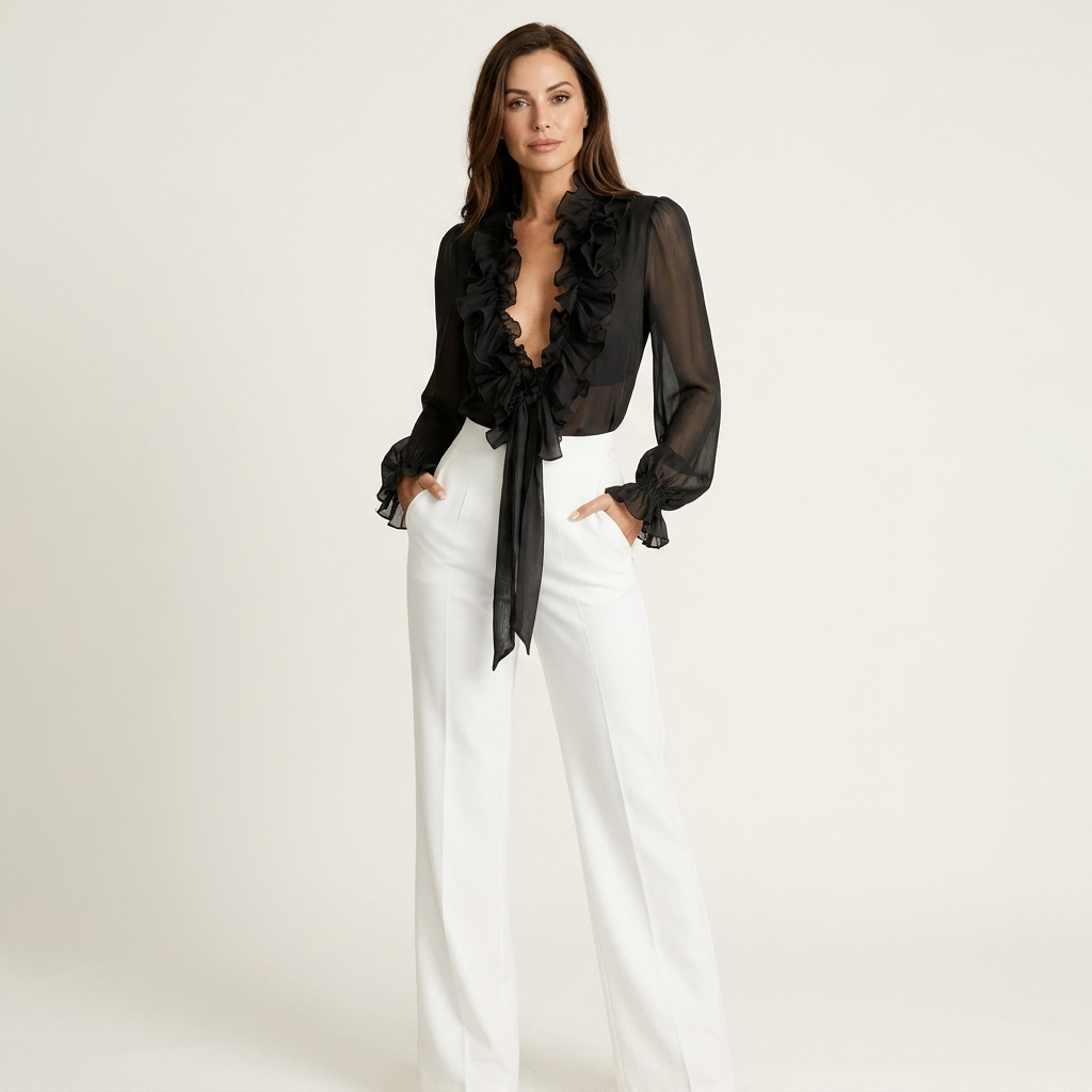 Abelina | Deep V Ruffled Lace-Up Sheer Blouse