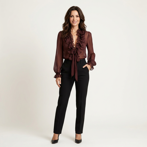 Abelina | Deep V Ruffled Lace-Up Sheer Blouse