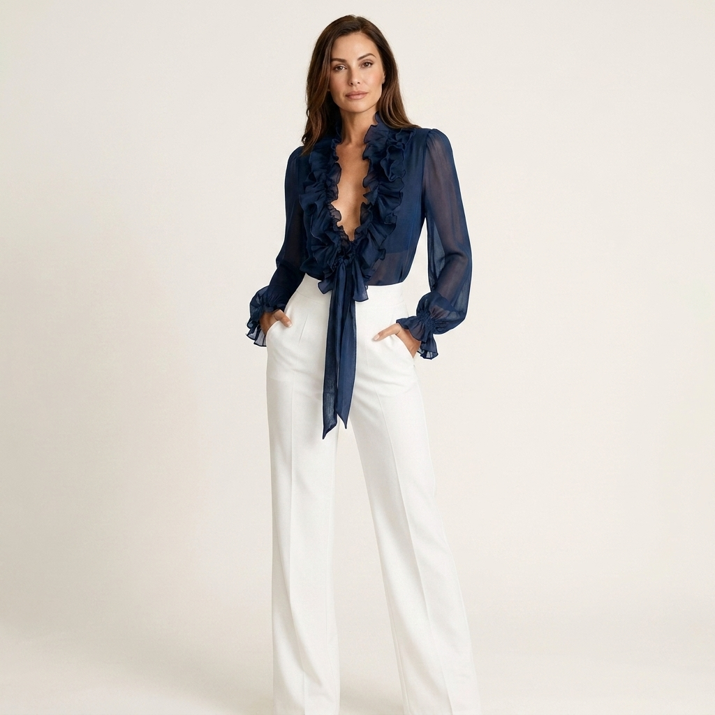Abelina | Deep V Ruffled Lace-Up Sheer Blouse
