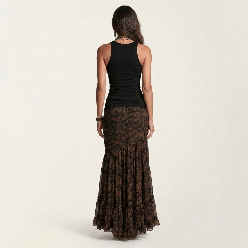 Camila | Ruched Cami & Rose Print Mesh Mermaid Skirt Set