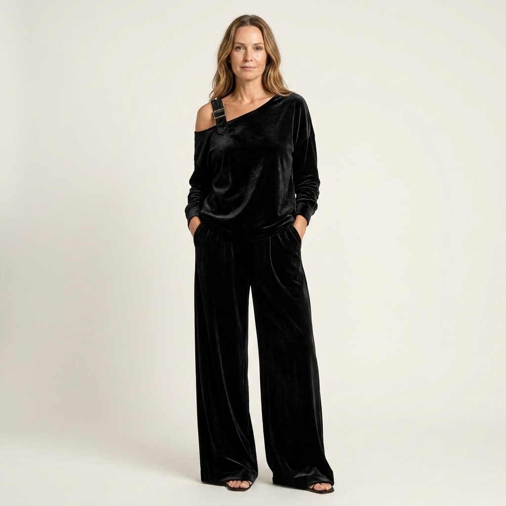 Salvina | One-Shoulder Velvet Top & Wide-Leg Pant Set