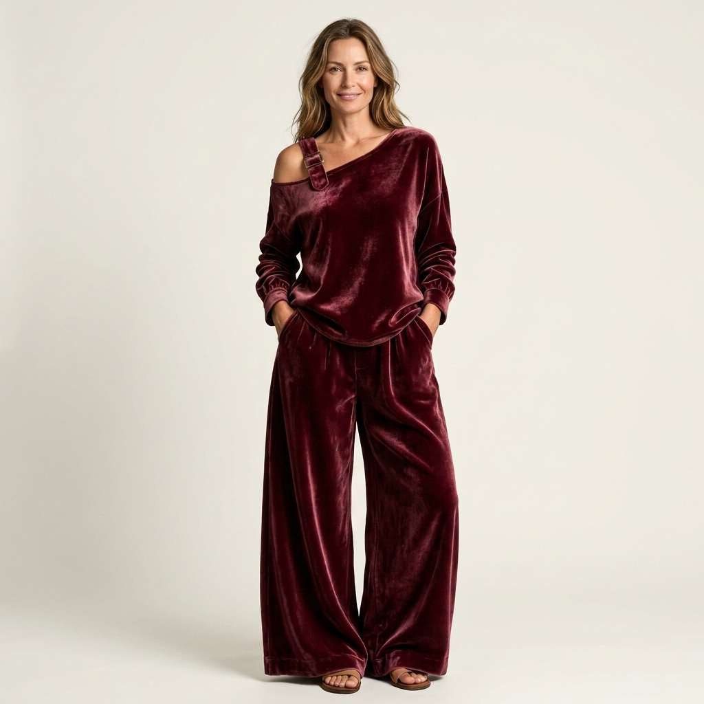 Salvina | One-Shoulder Velvet Top & Wide-Leg Pant Set