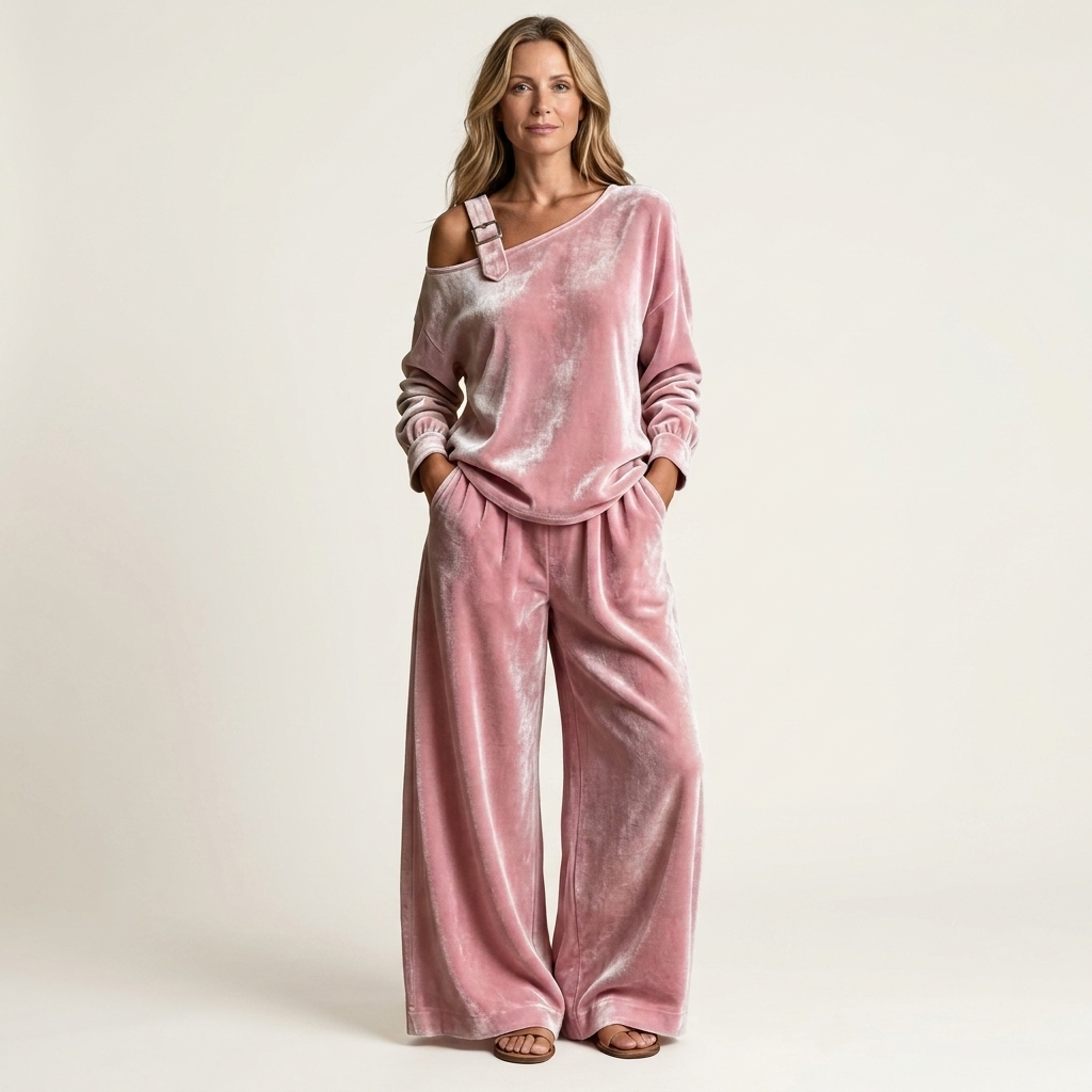 Salvina | One-Shoulder Velvet Top & Wide-Leg Pant Set