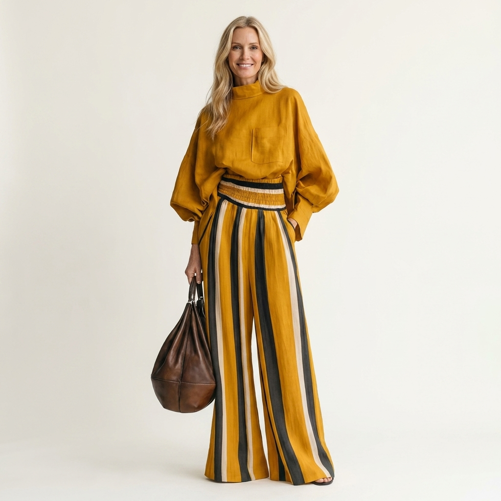 Angie | Stand Collar Lantern Sleeve Top & Flare Pant Set