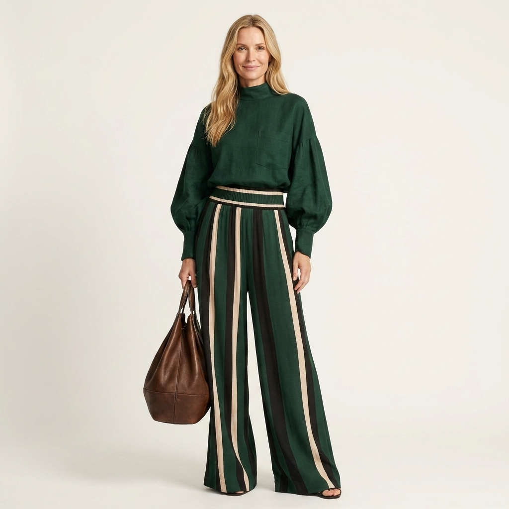Angie | Stand Collar Lantern Sleeve Top & Flare Pant Set
