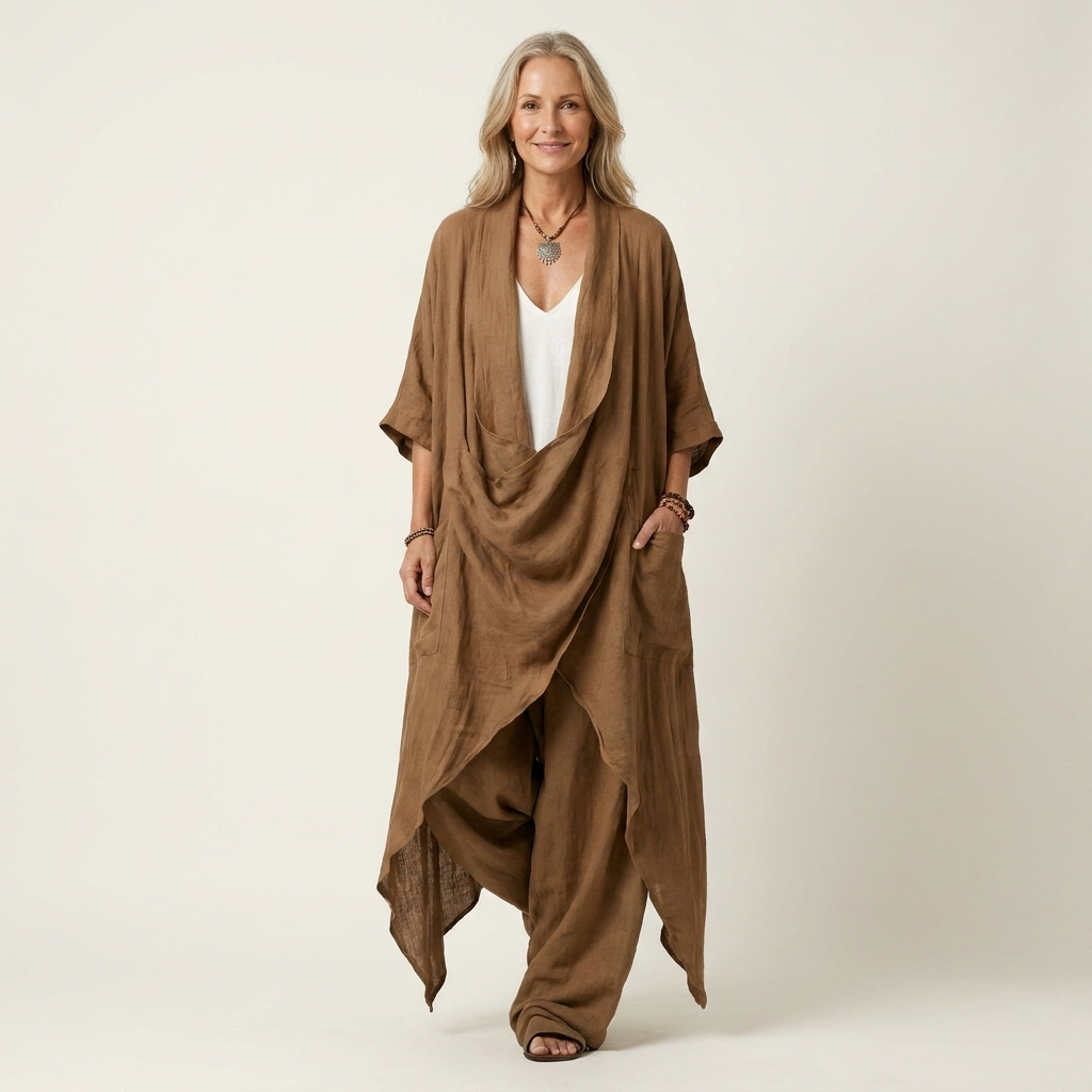 Cathy | Draped Open-Front Kimono & Wide-Leg Pant Set