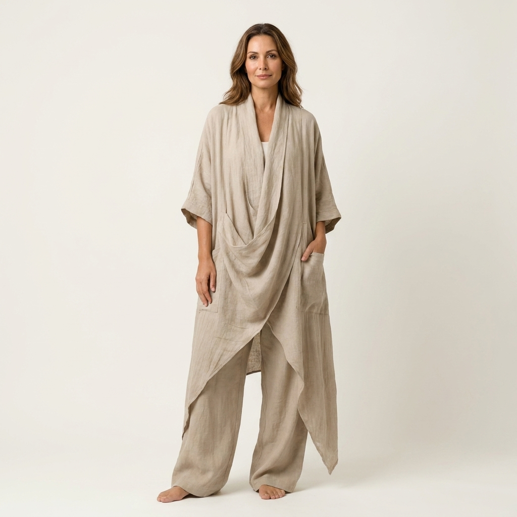 Cathy | Draped Open-Front Kimono & Wide-Leg Pant Set